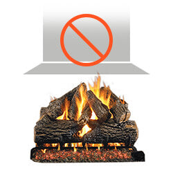 a burning gas log set sits underneath a vent with teh crossed out symbol to signify that it does not need venting to function