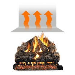 a burning gas log set sits underneath a vent with orange arrows flowing upwards to signify that it needs venting to function