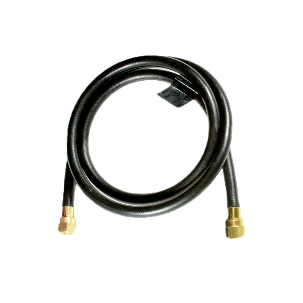 Coiled black gas hose with brass fittings on each end, ideal for connecting outdoor fire pits or grills to a fuel source