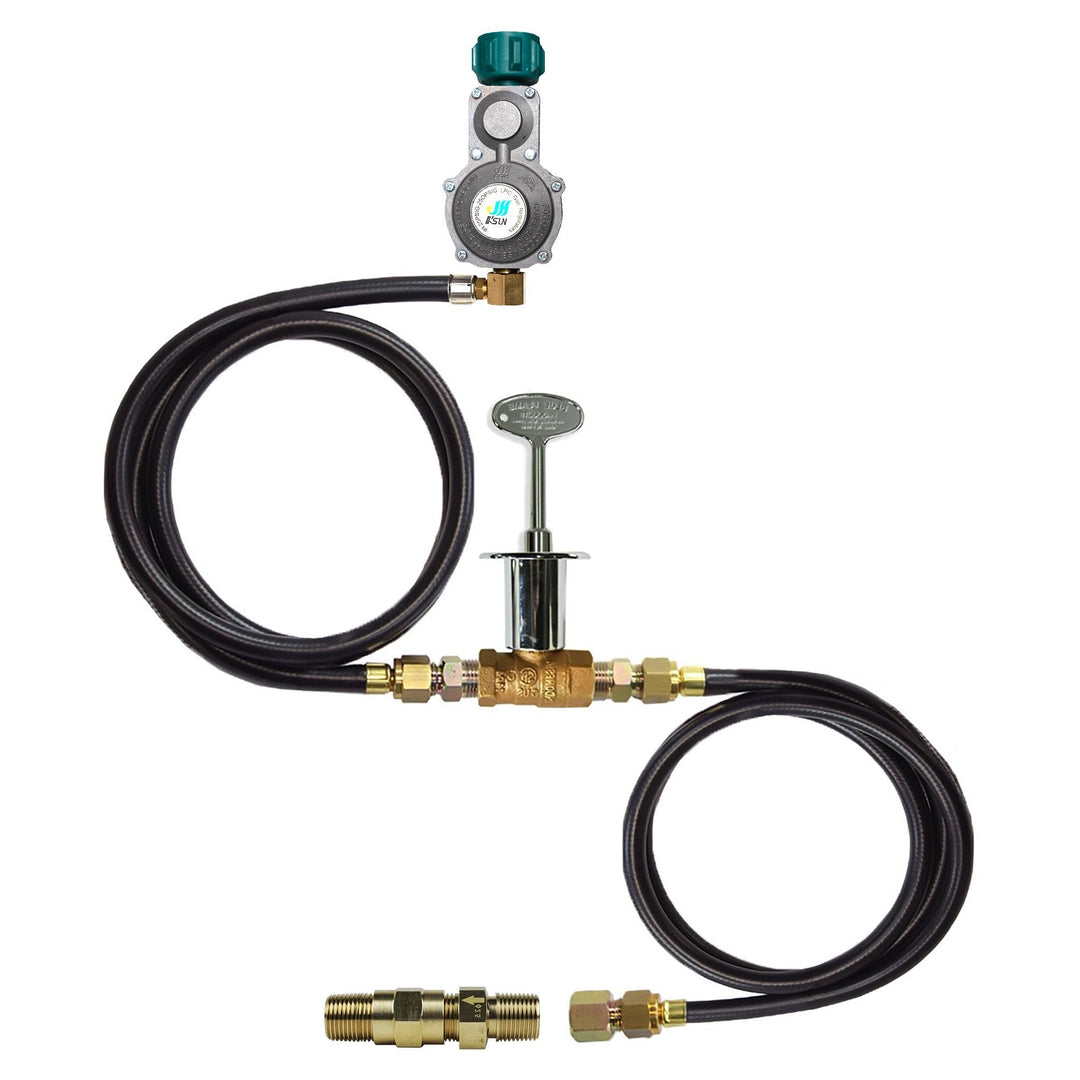 Complete propane tank regulator and hose assembly kit with control valve, designed for safely connecting fire pits or grills to a propane tank