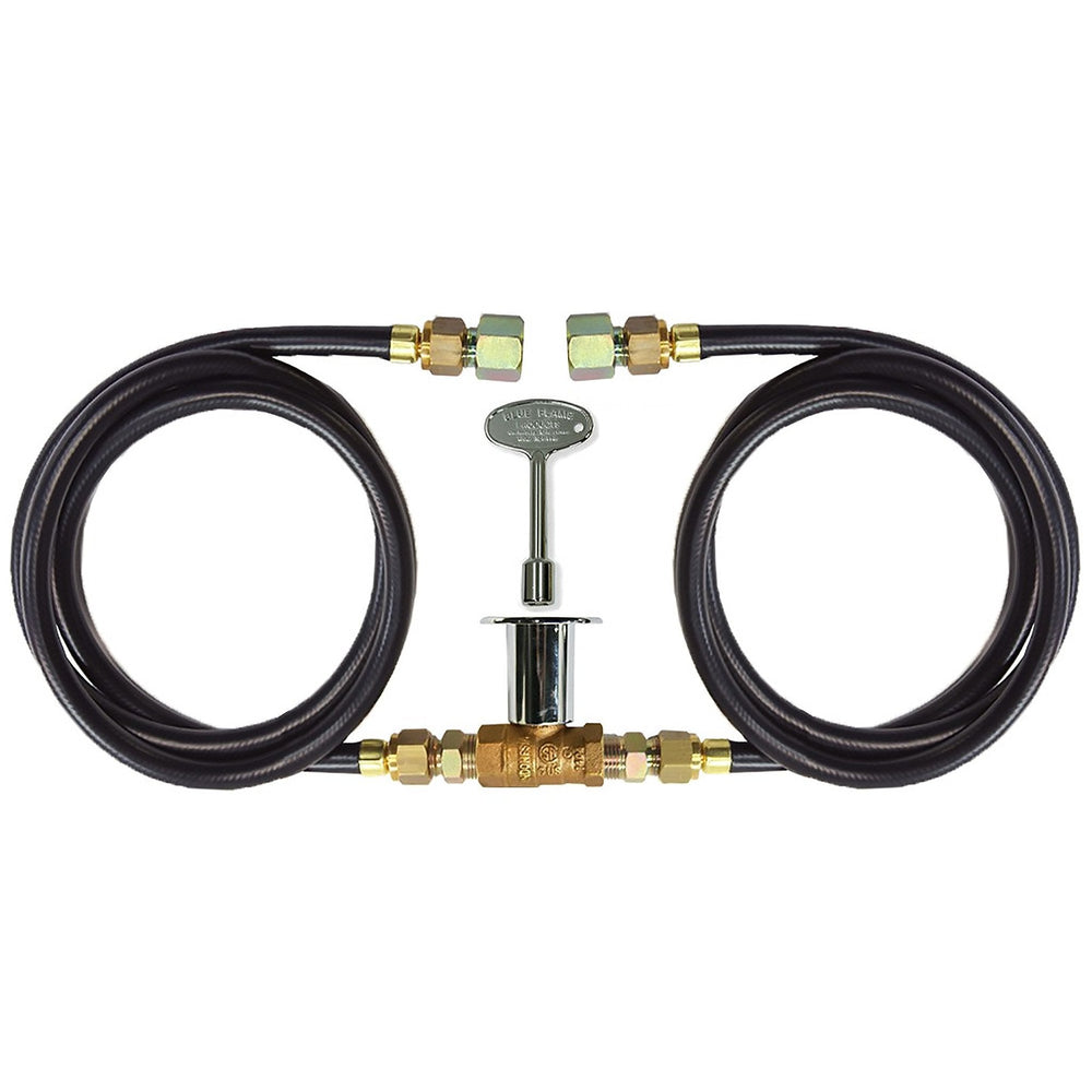 Dual hose fire pit key valve assembly kit with two flexible gas hoses and a key-operated control valve, ideal for managing gas flow to fire pits or similar installations