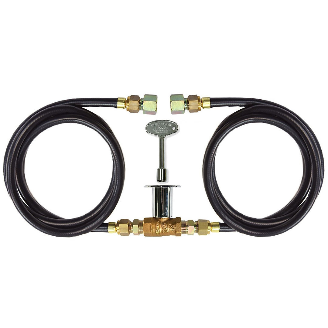 Dual hose fire pit key valve assembly kit with two flexible gas hoses and a key-operated control valve, ideal for managing gas flow to fire pits or similar installations